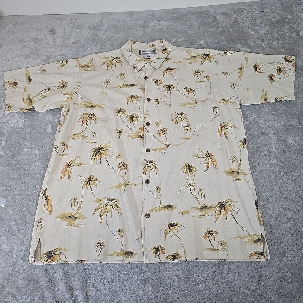 Columbia GRT‎ Shirt Mens XXL Tan Palm Trees Button Up Short Sleeve Casual Summer